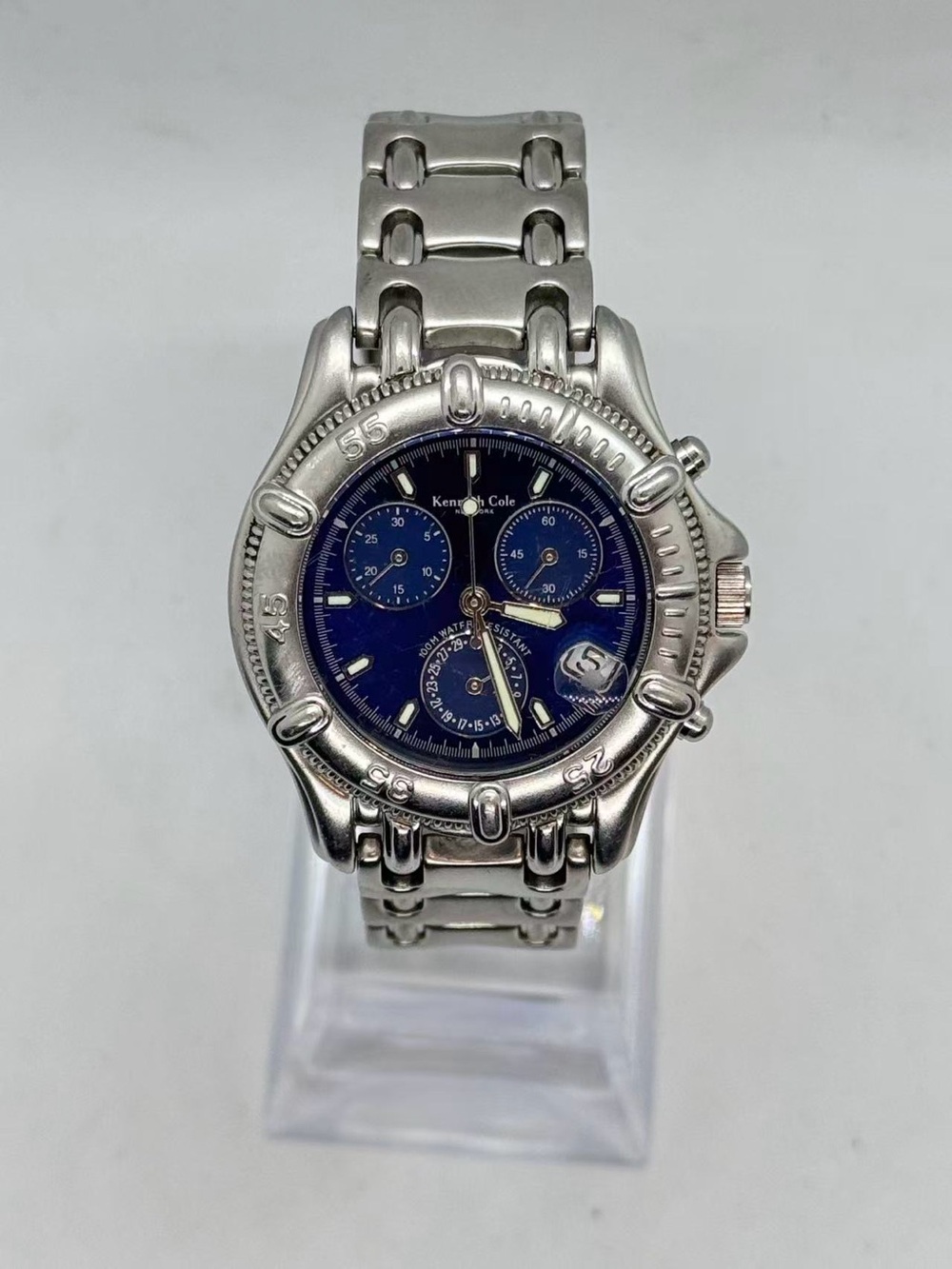 Kenneth Cole Men’s Chronograph Quartz Watch 35mm Blue Dial New Battery Runs